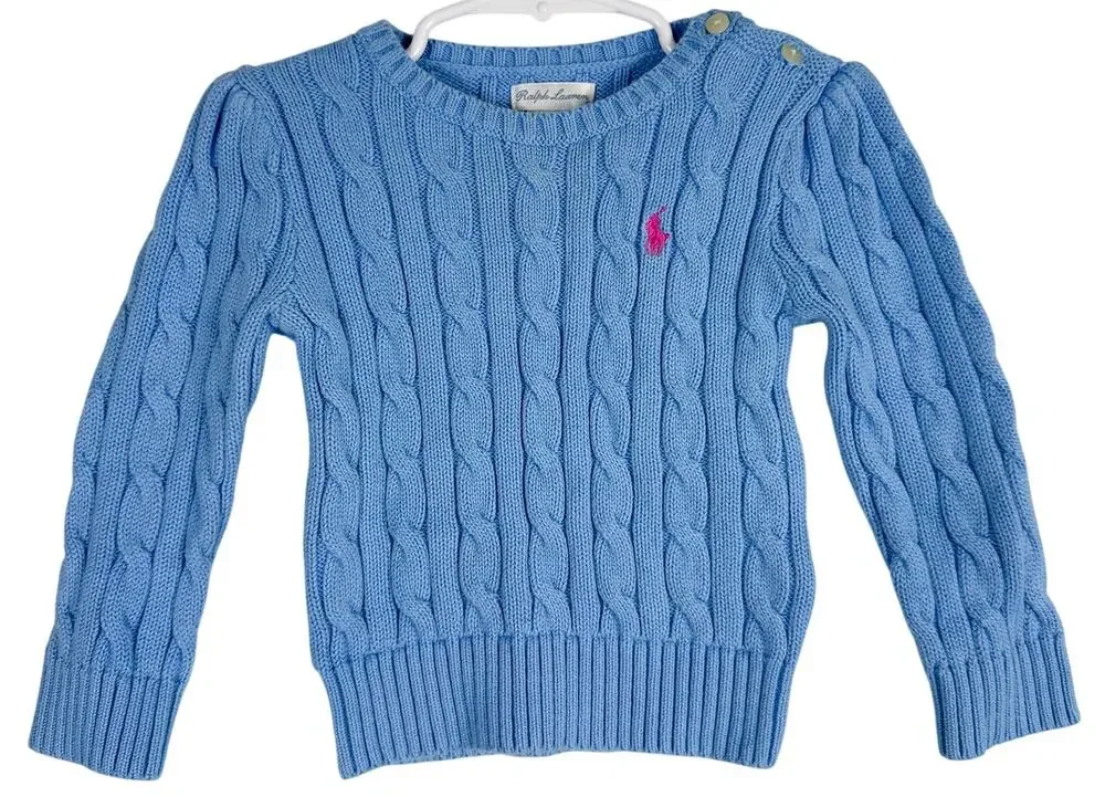 Ralph Lauren Girls Cable Knit Sweater Blue - 12-18 18 Months